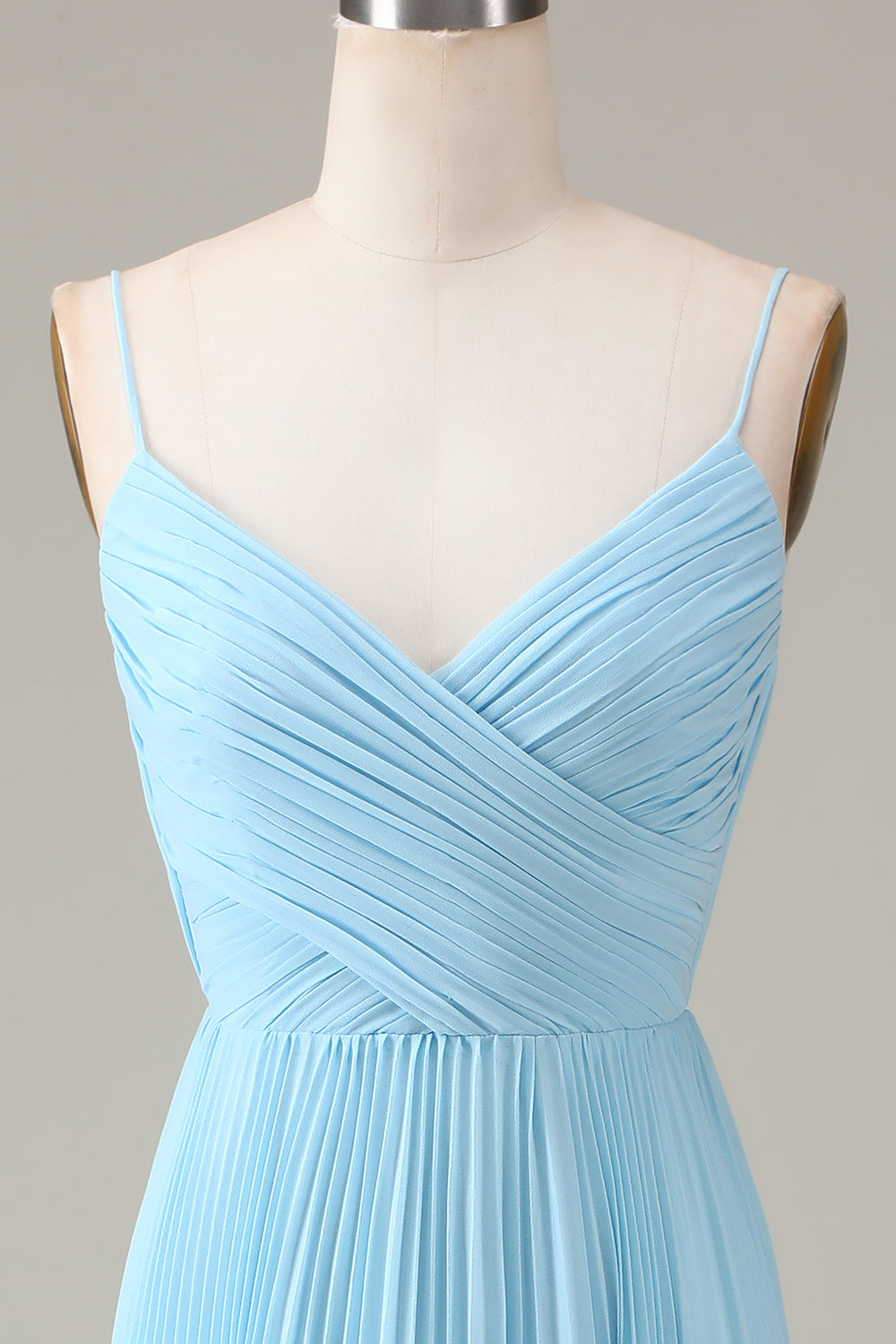 Sky Blue Spaghetti Straps V-neck A-line Pleated Chiffon Bridesmaid Dress