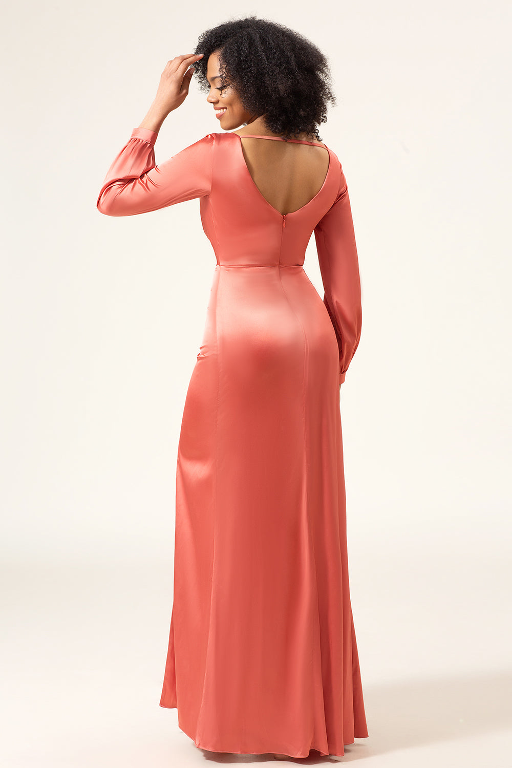 Terracotta A-Line V-Neck Satin Bridesmaid Dress With Slit