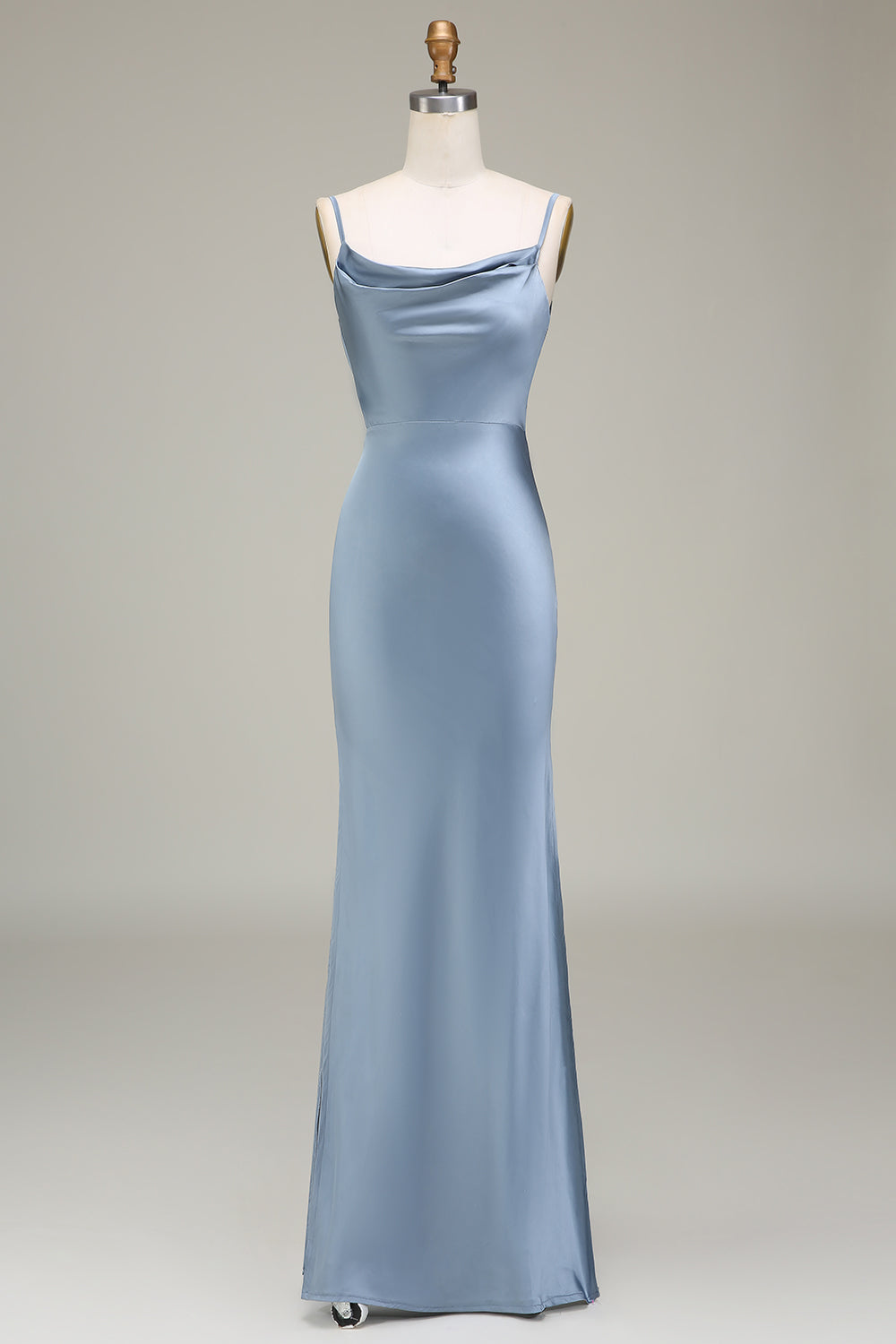 Dusty Blue Sheath Spaghetti Straps Backless Satin Long Bridesmaid Dress