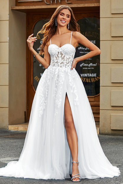 White Corset A-Line Long Tulle Wedding Dress with Slit