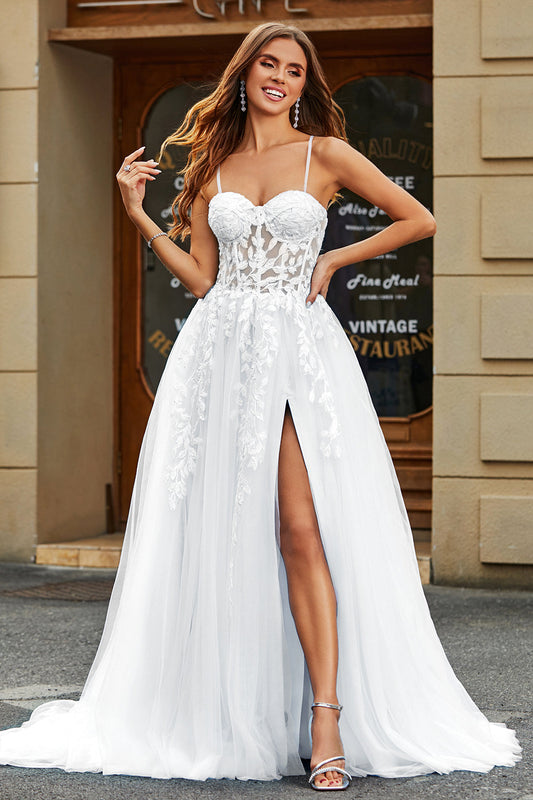 White Corset A-Line Long Tulle Wedding Dress with Slit