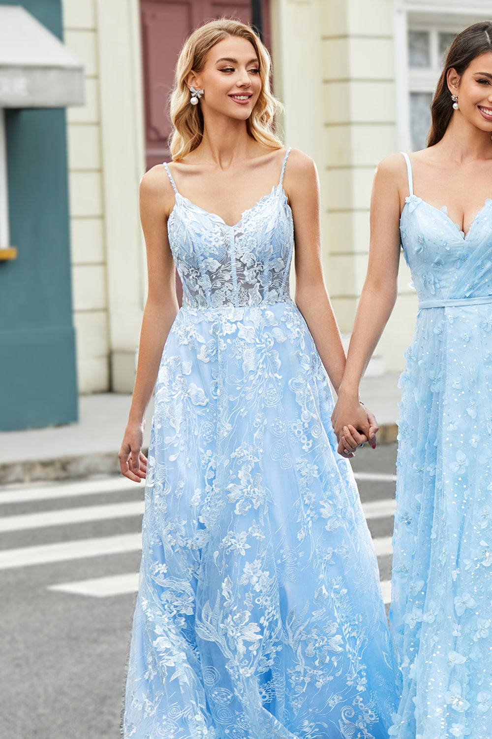 Gorgeous A Line Spaghetti Straps Sky Blue Corset Prom Dress with Appliques