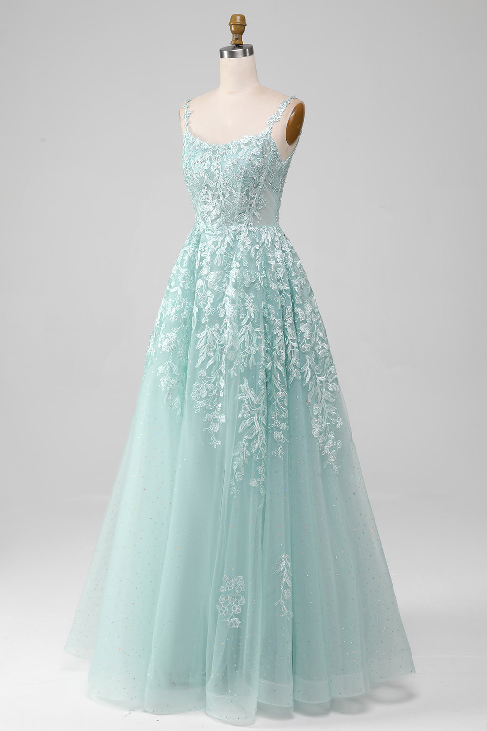 Glitter Mint A-Line Tulle Long Prom Dress with Lace