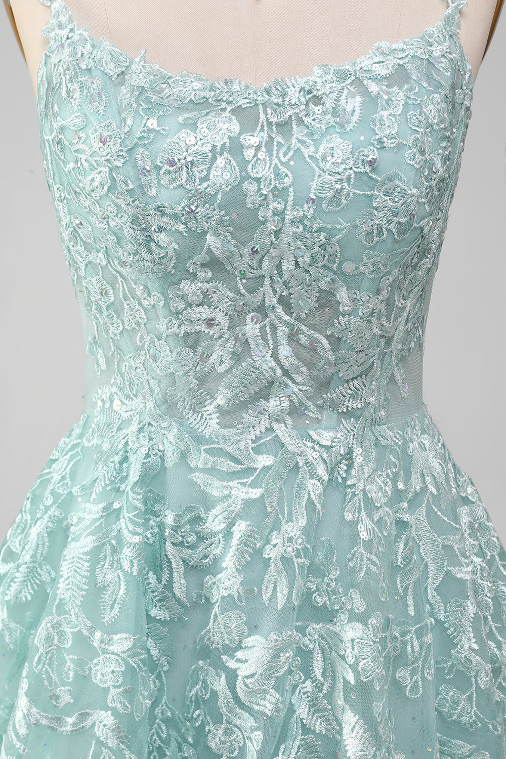 Glitter Mint A-Line Tulle Long Prom Dress with Lace