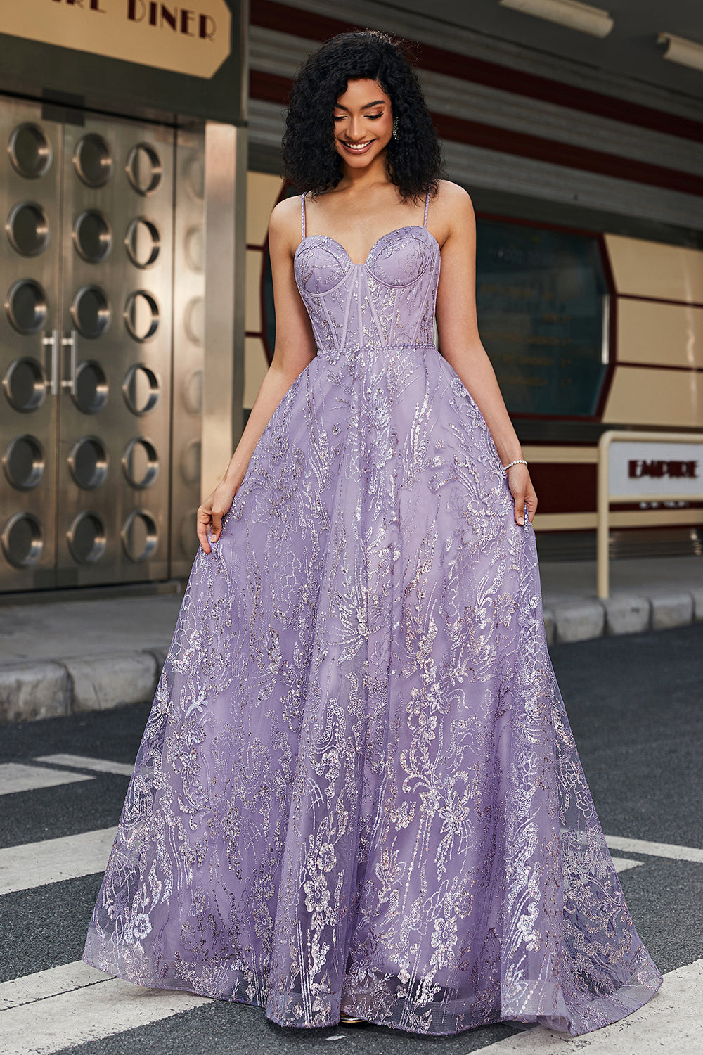 Princess A Line Spaghetti Straps Corset Purple Prom Dress with Beading