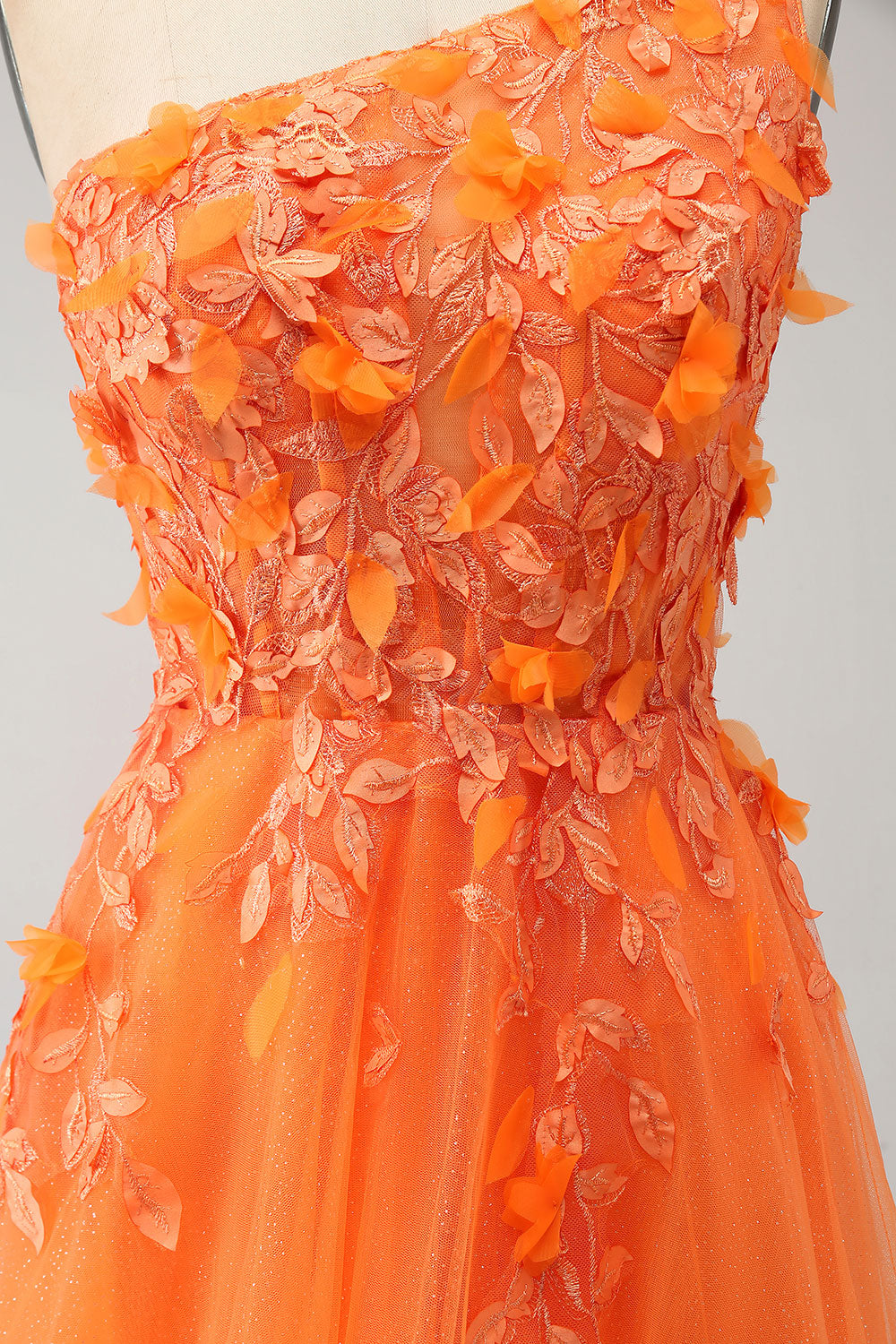 Orange One Shoulder A-Line Tulle Long Prom Dress with Appliques