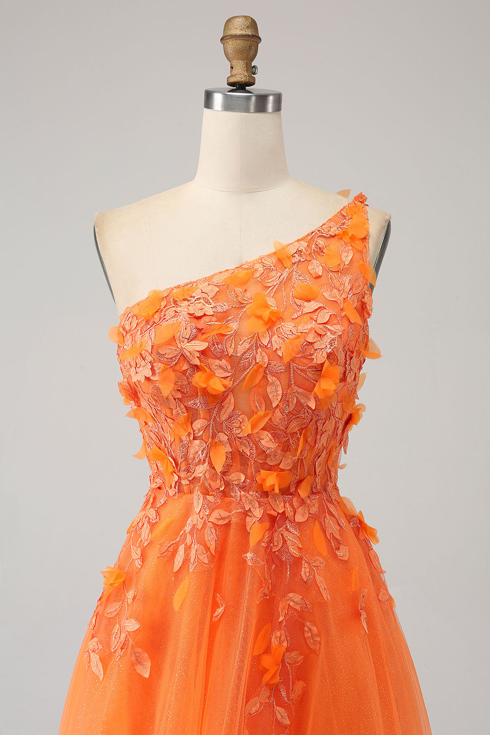 Orange One Shoulder A-Line Tulle Long Prom Dress with Appliques