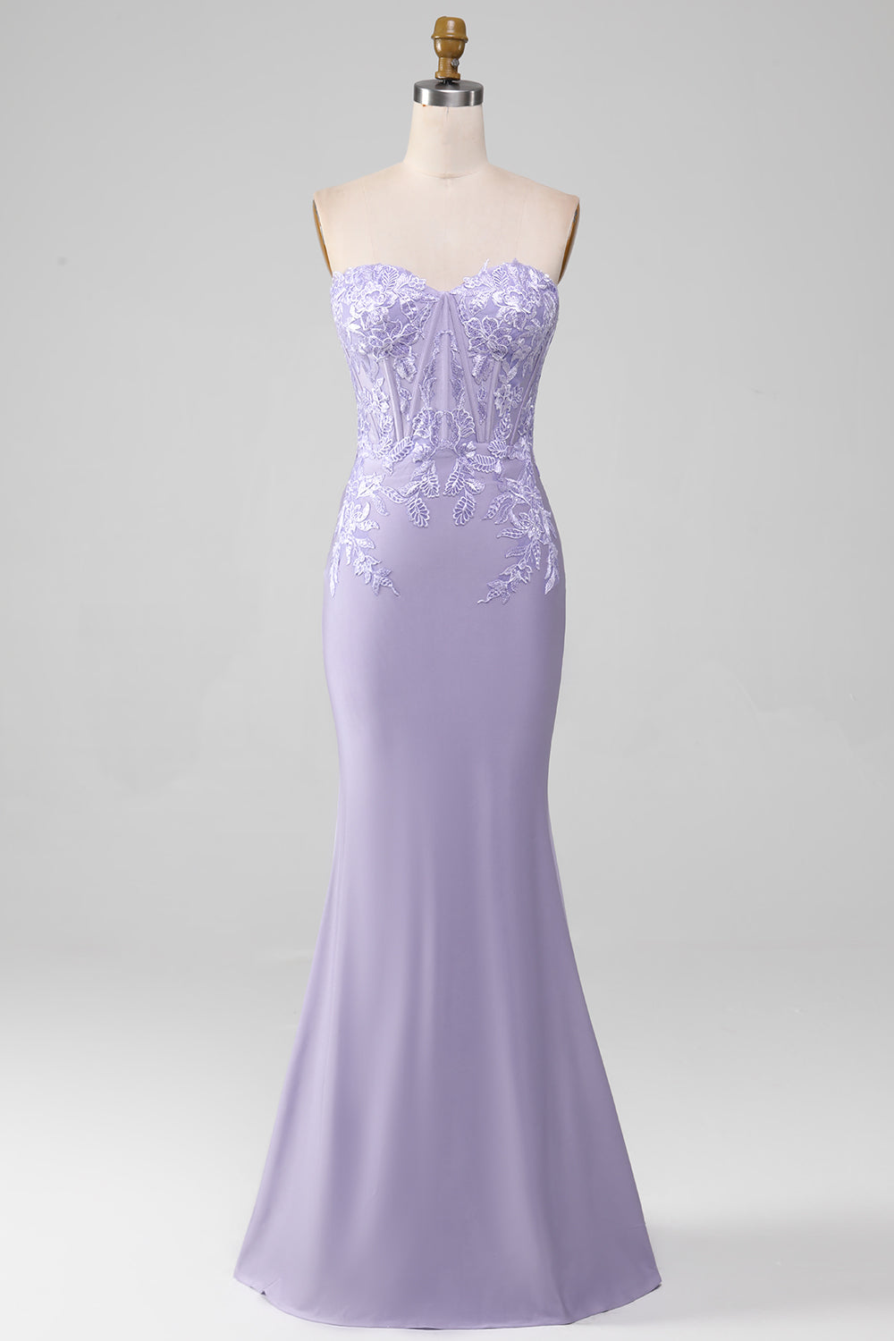 Lilac Sheath Strapless Corset Prom Dresses With Lace Appliques