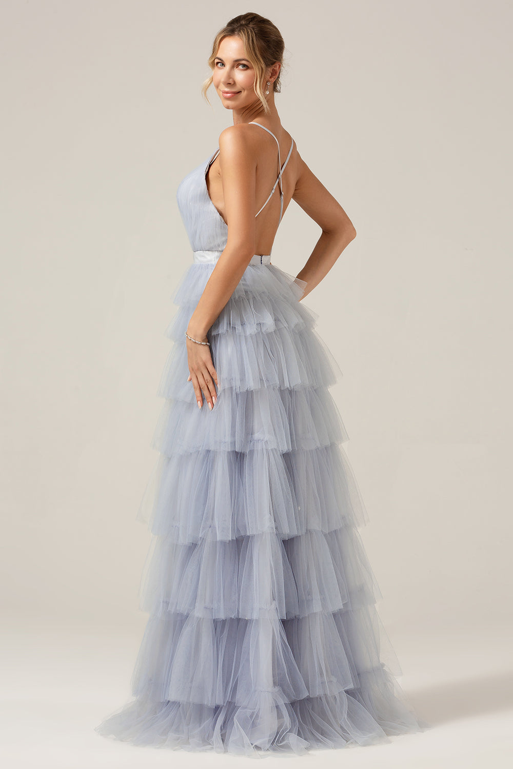 Grey Blue A Line Tiered Tulle Prom Dress