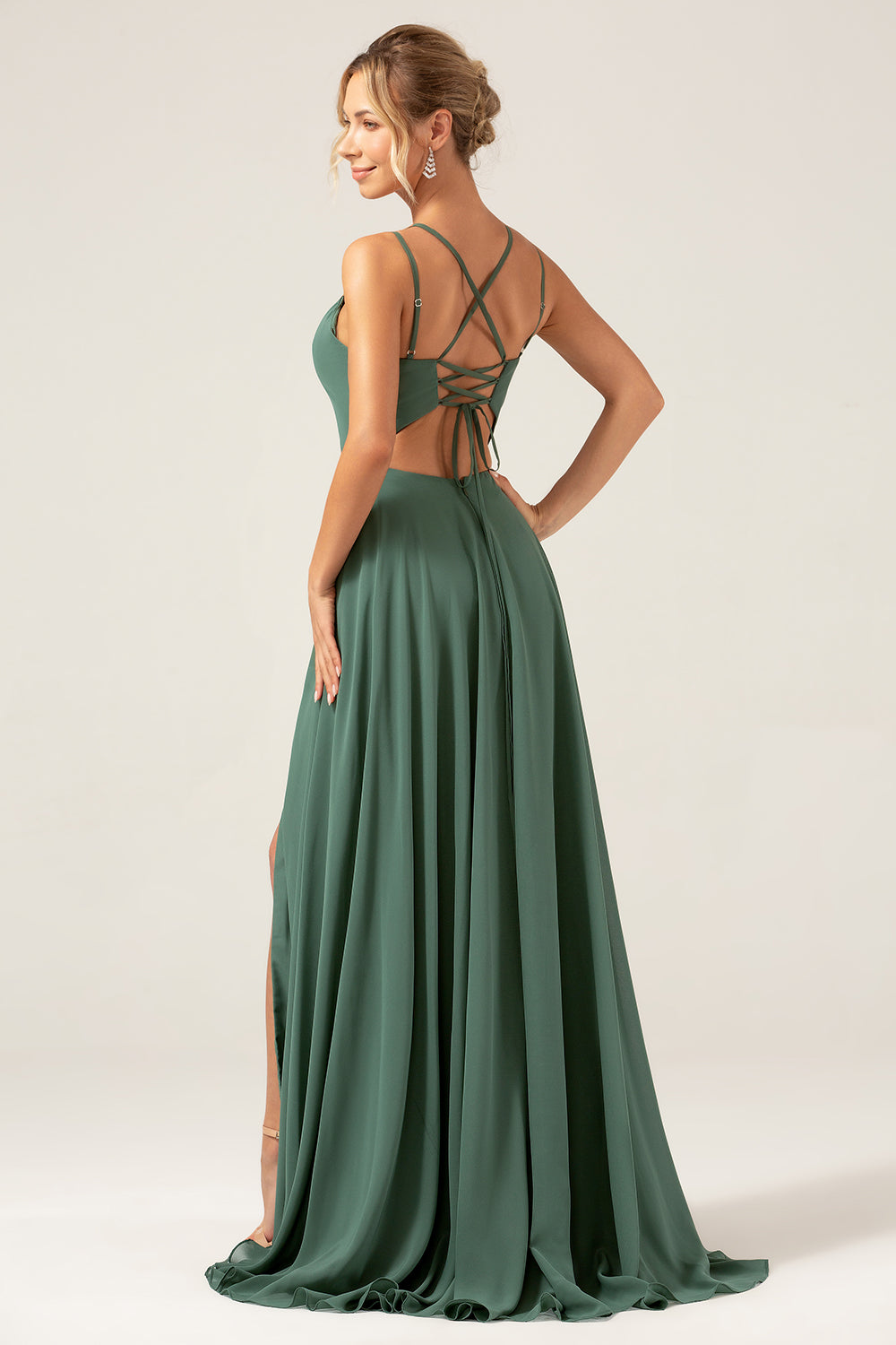 A-Line Spaghetti Straps Backless Pleated Eucalyptus Bridesmaid Dress