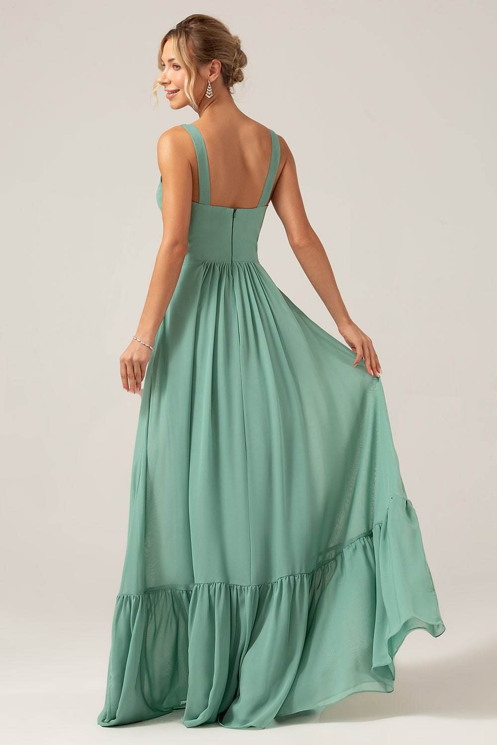 A Line Eucalyptus Chiffon Long Bridesmaid Dress with Pleated