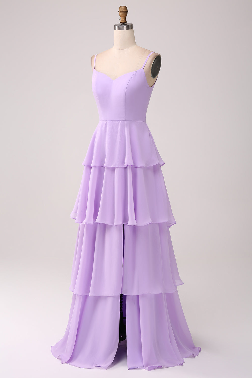 A Line Spaghetti Straps Tiered Chiffon Lilac Bridesmaid Dress with Slit