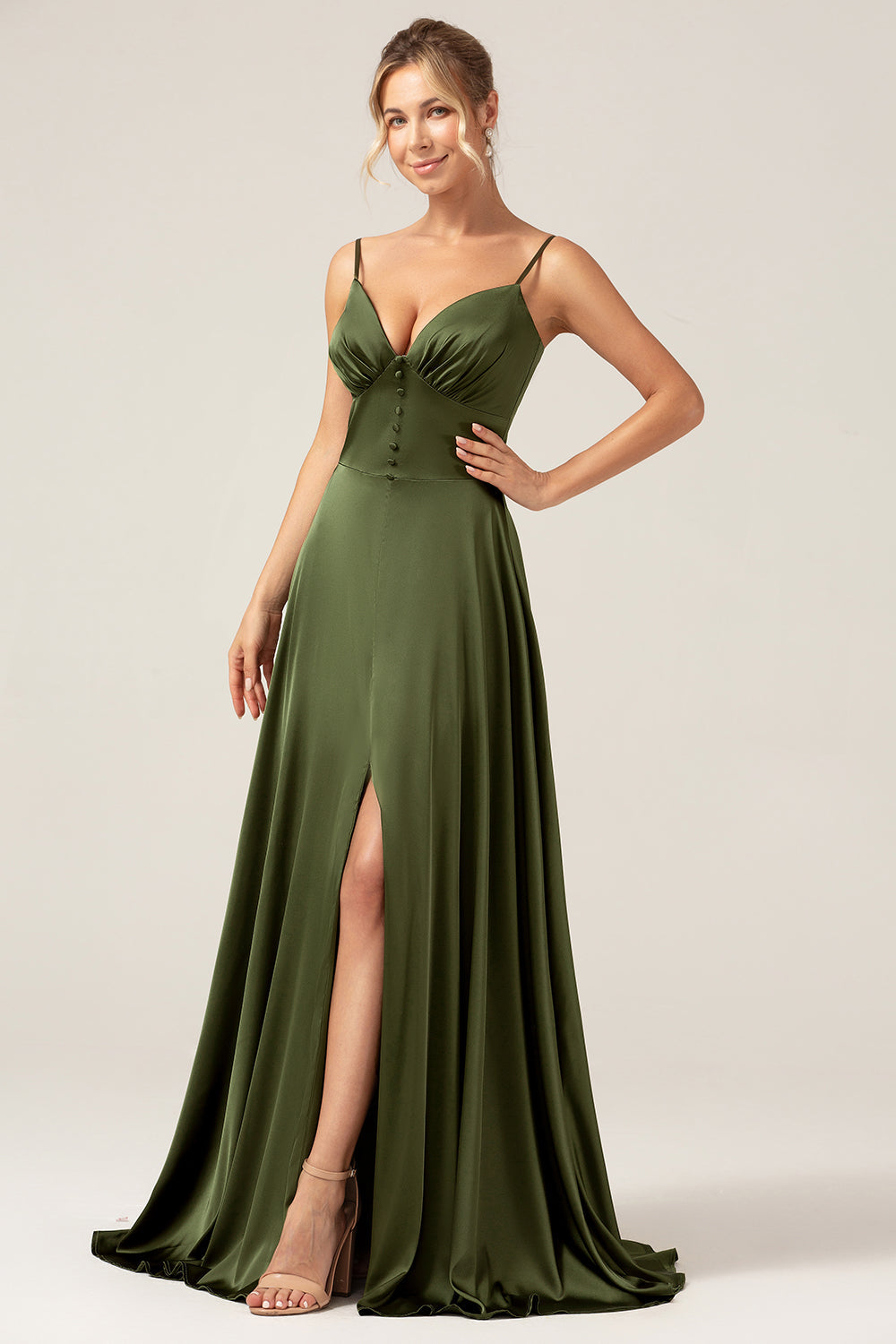 A-Line Spaghetti Straps Olive Satin Long Bridesmaid Dress with Slit