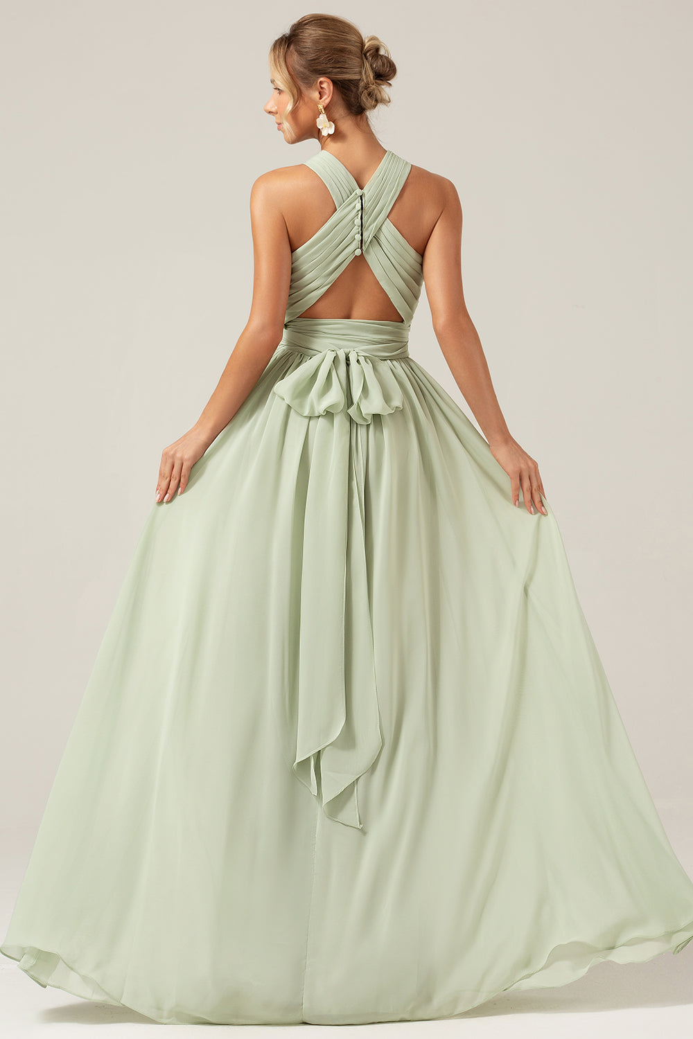 Dusty Sage Boho Chiffon Long Bridesmaid Dress with Button Back