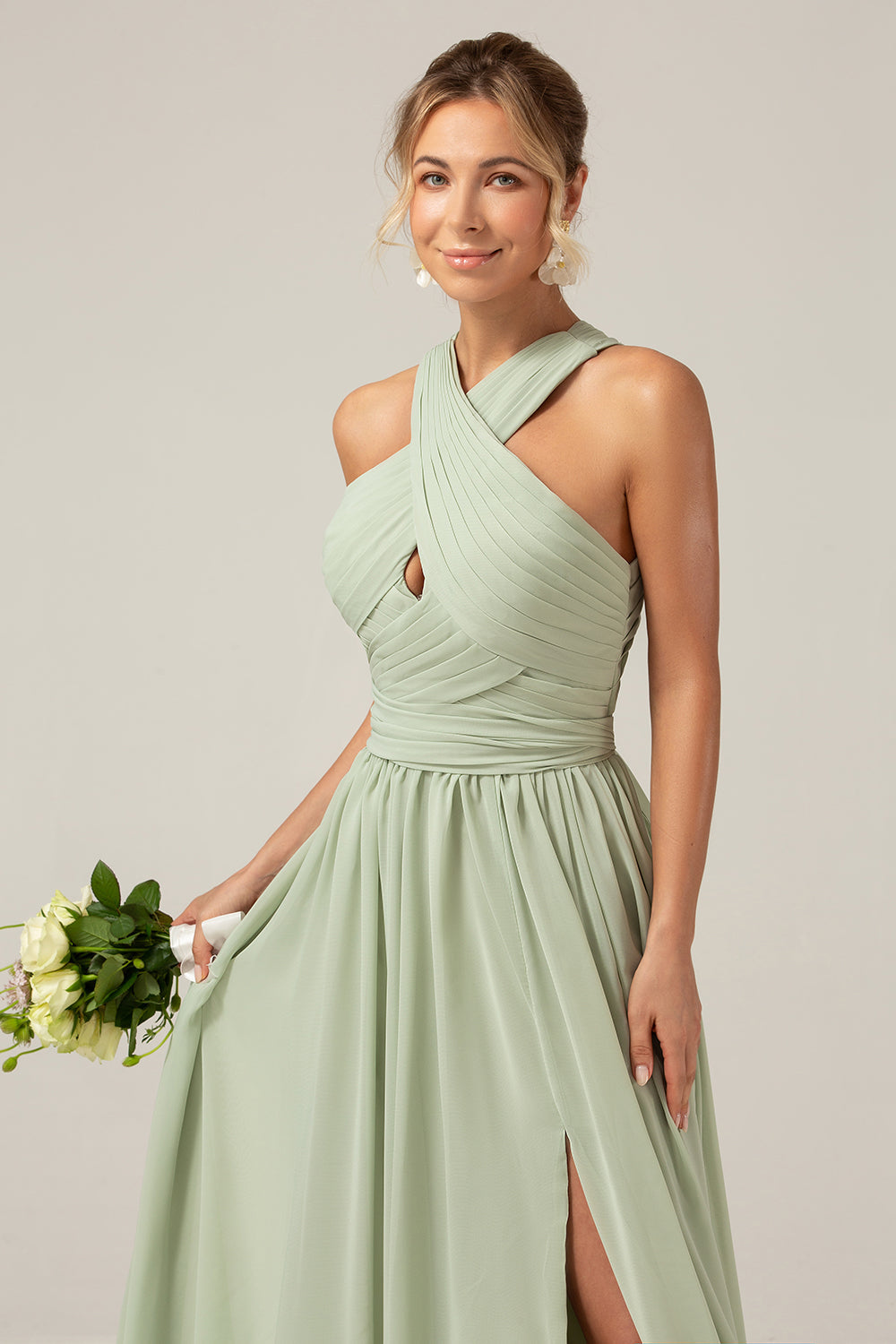 Dusty Sage Boho Chiffon Long Bridesmaid Dress with Button Back