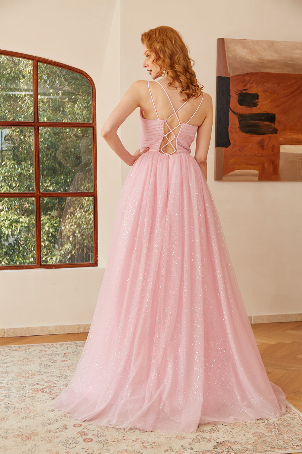 Glitter Pink Lace-Up Ruched Long Prom Dress