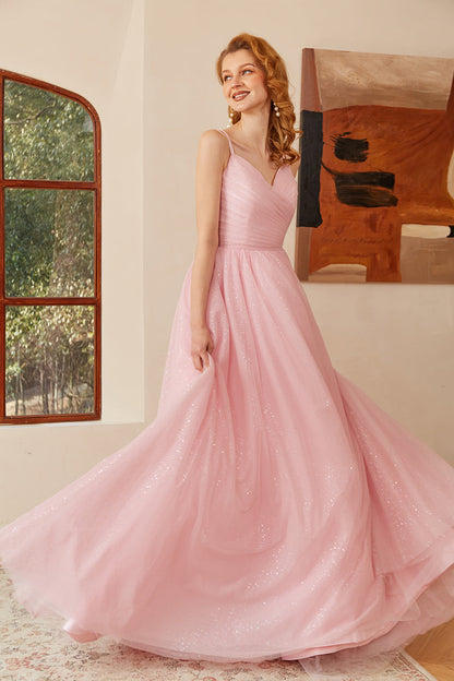 Glitter Pink Lace-Up Ruched Long Prom Dress