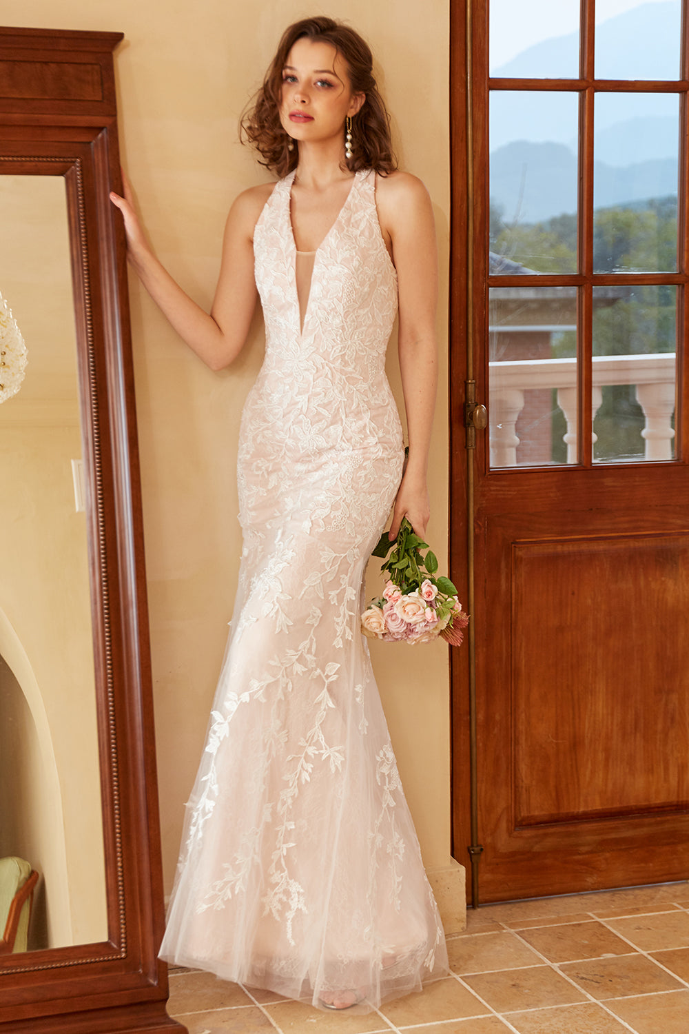 Mermaid Deep V Neck White Lace Wedding Dress with Appliques