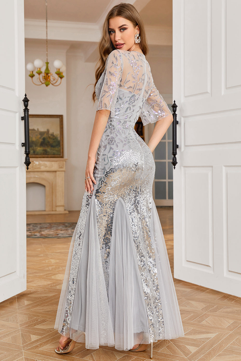 Grey Sequined Mermaid Wedding Guest Dress