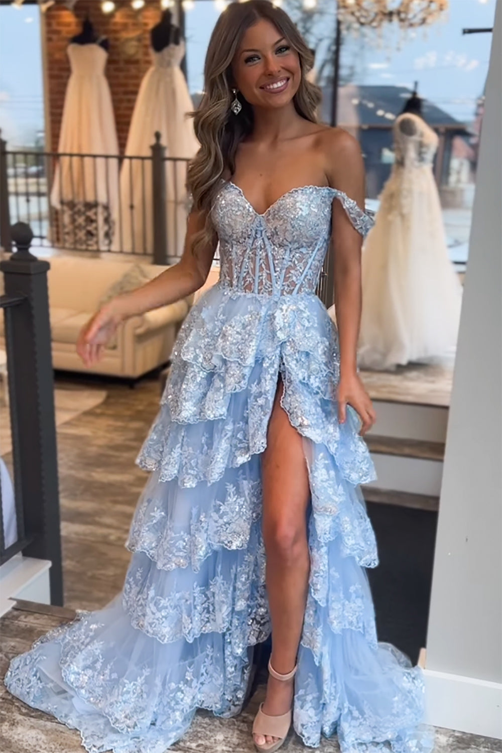 Capri | A-Line Lace Off-the-Shoulder Tiered Long Prom Dress with Slit