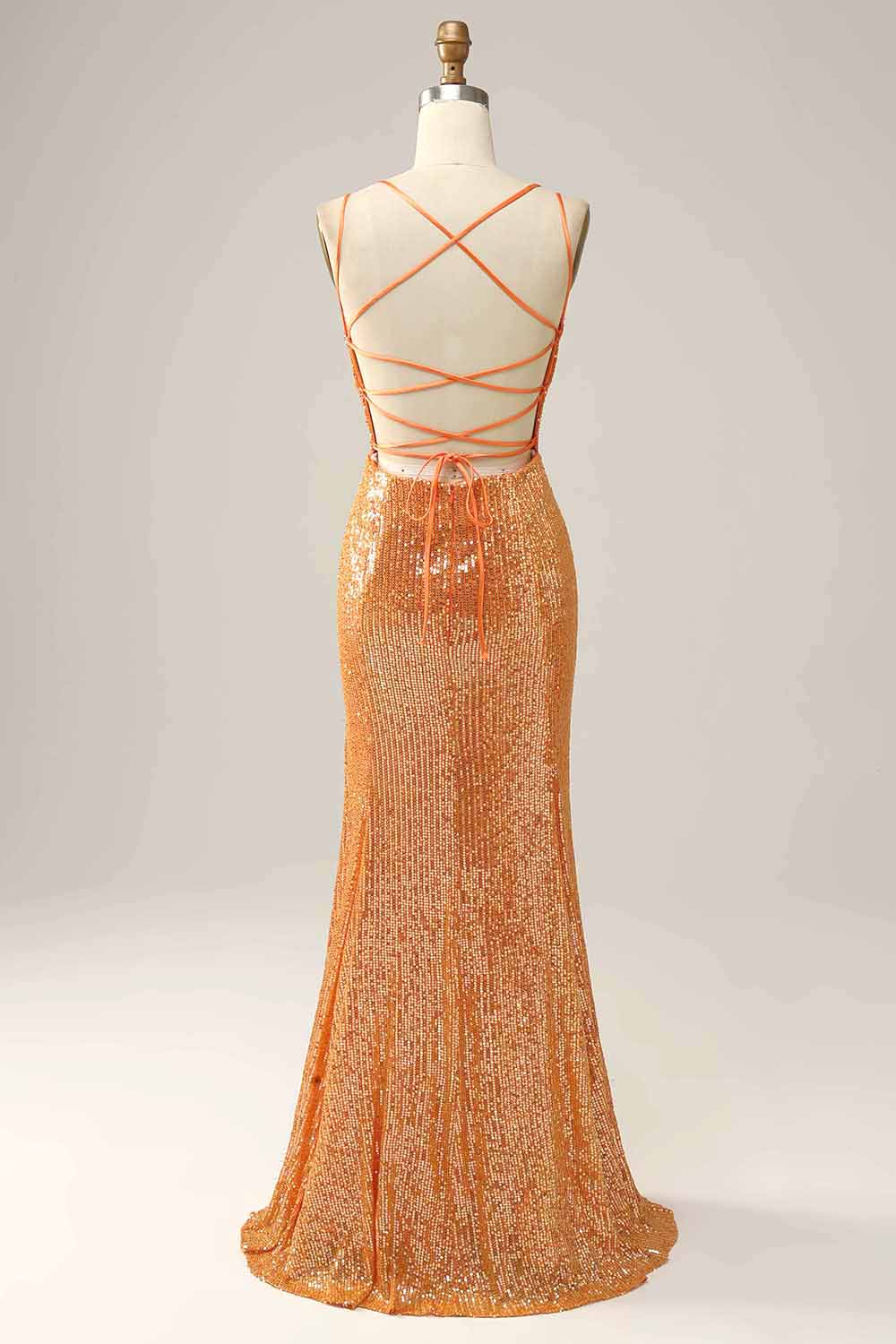 Orange Sequined Backless Mermaid Prom Dress