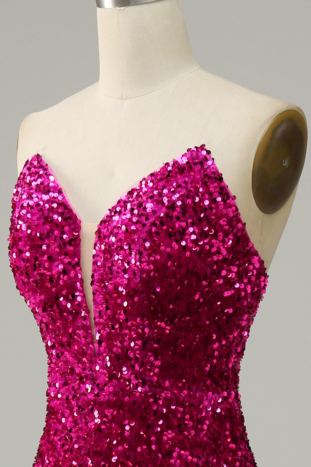 Hot Pink Strapless Sequin Prom Dress with Slit