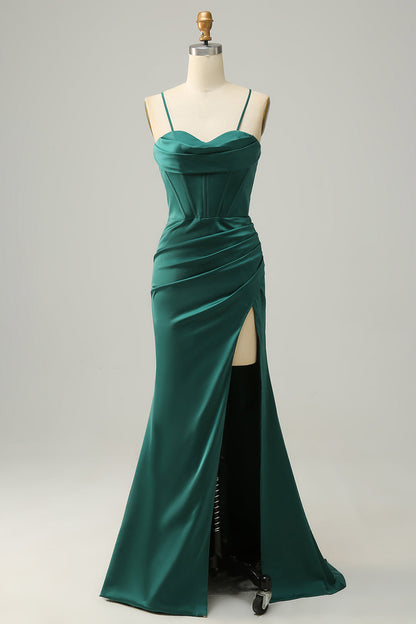 Mermaid Spaghetti Straps Dark Green Long Prom Dress with Split Front