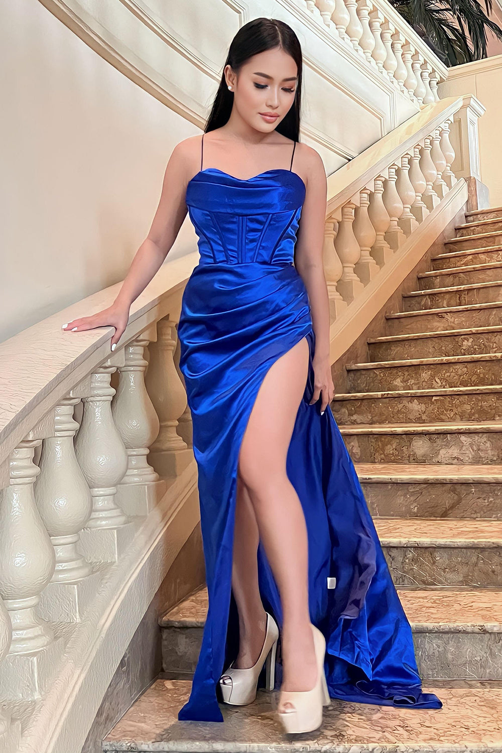 Royal Blue Spaghetti Straps Mermaid Prom Dress with Slit