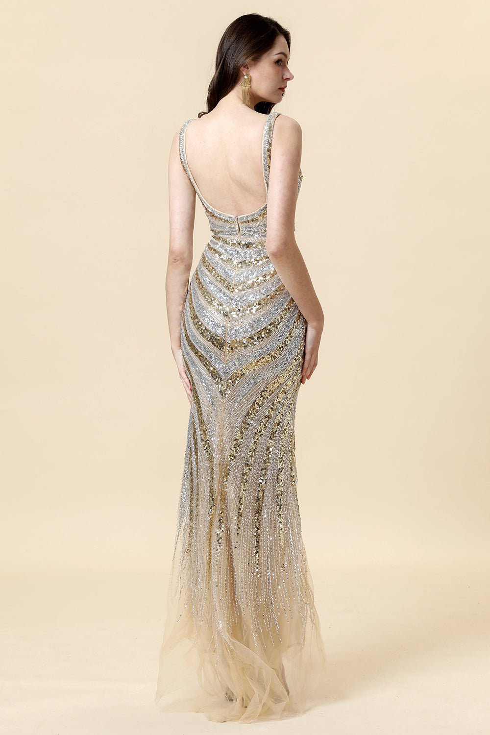 Sheath Deep V Neck Golden Beaded Evening Wear with Silt