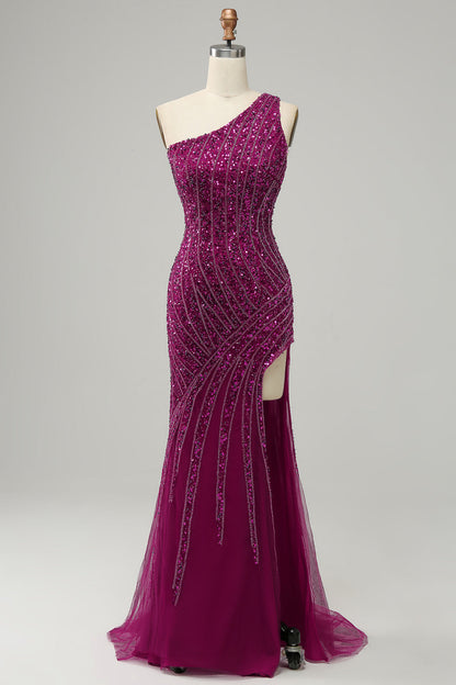 One Shoulder Sequin Prom Dress with Slit