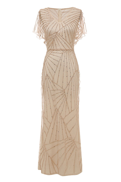Sheath V Neck Light Khaki Formal Party Dress with Beading