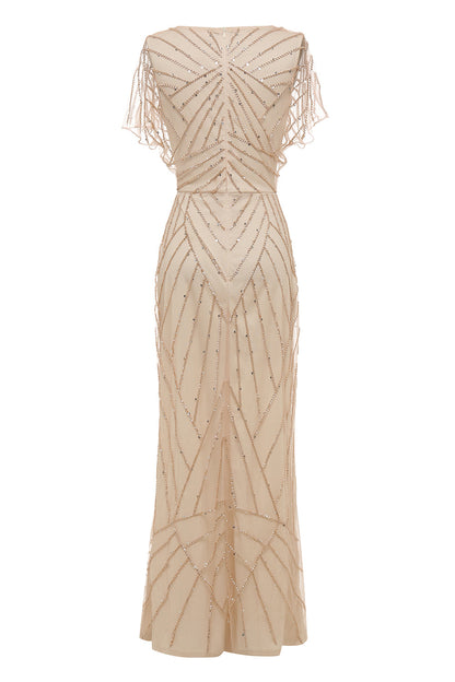 Sheath V Neck Light Khaki Formal Party Dress with Beading