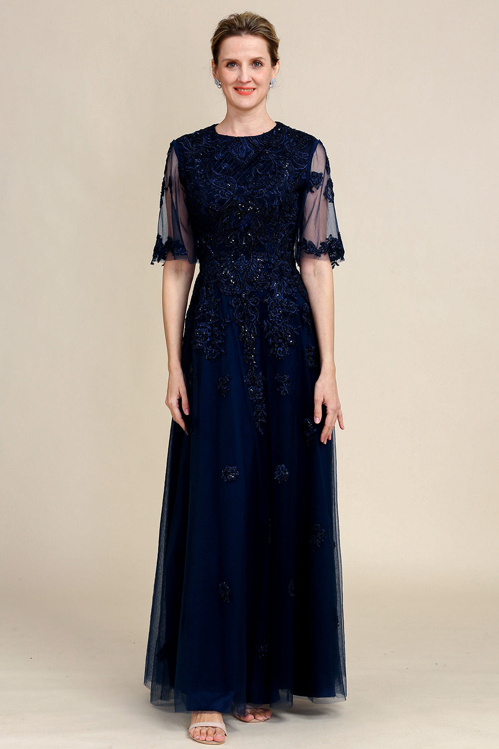 Sparkly Navy Beaded Mother of the Bride Dress with Lace