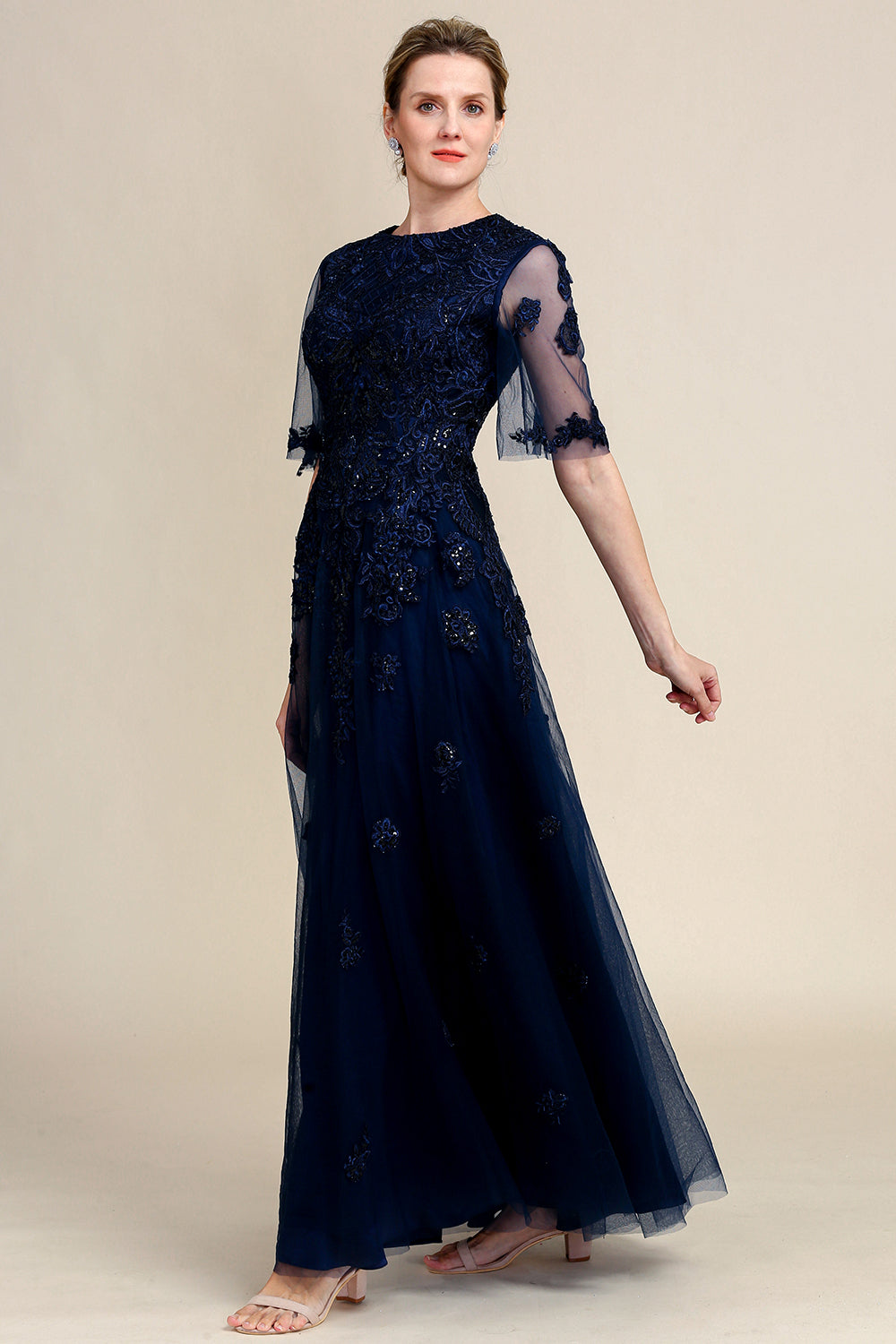 Sparkly Navy Beaded Mother of the Bride Dress with Lace