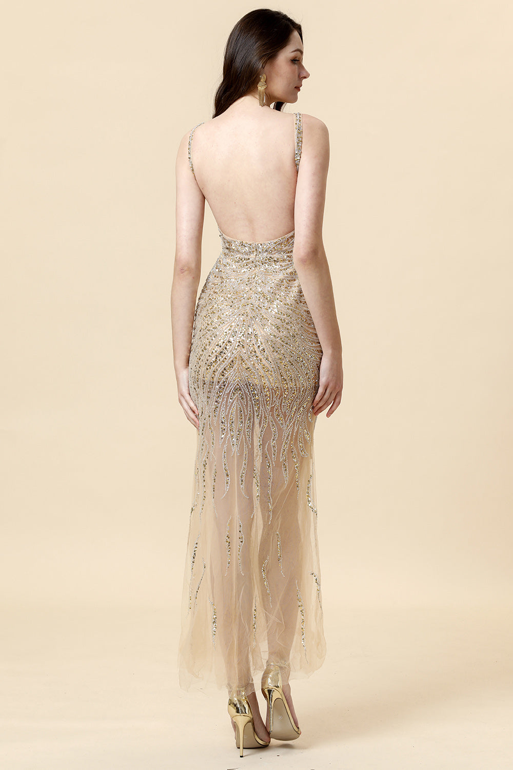 Sheath V Neck Golden Beaded Formal Dress with Backless