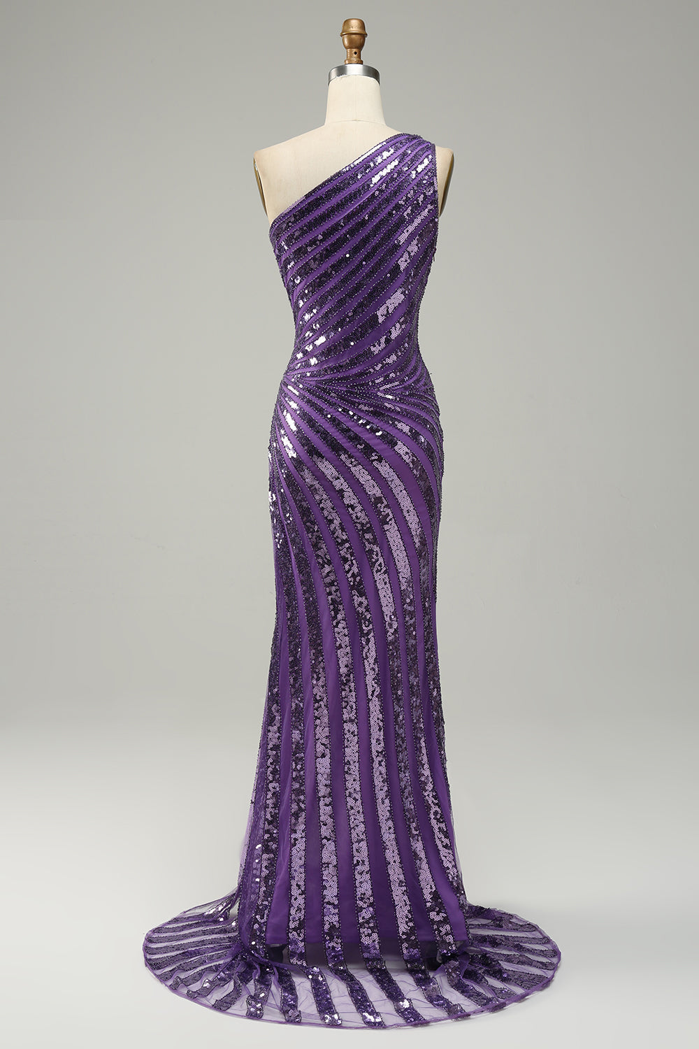 Purple Sequin One Shoulder Prom Dress with Slit