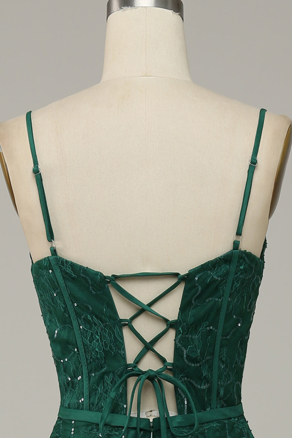 Dark Green Lace Spaghetti Straps Corset Prom Dress