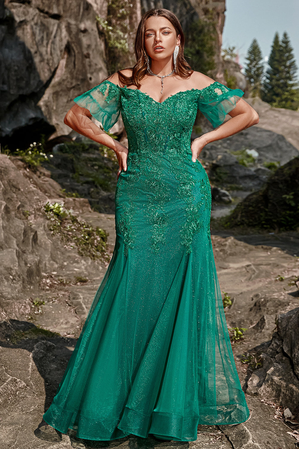 Mermaid Off the Shoulder Dark Green Plus Size Prom Dress with Appliques