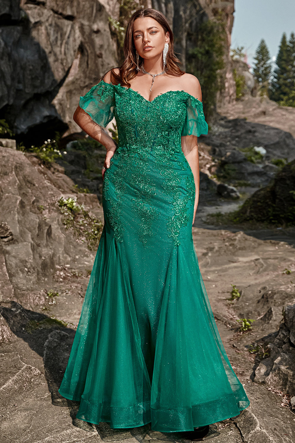 Mermaid Off the Shoulder Dark Green Plus Size Prom Dress with Appliques