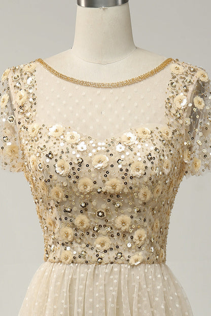 Apricot Tulle A Line Sequins Formal Prom Dress with Appliques