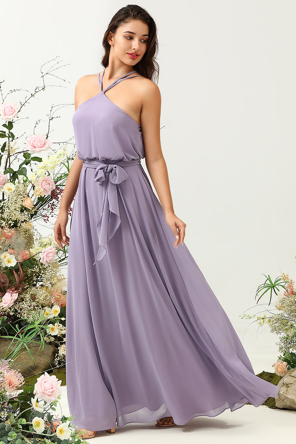 A Line Halter Purple Long Bridesmaid Dress with Bowknot