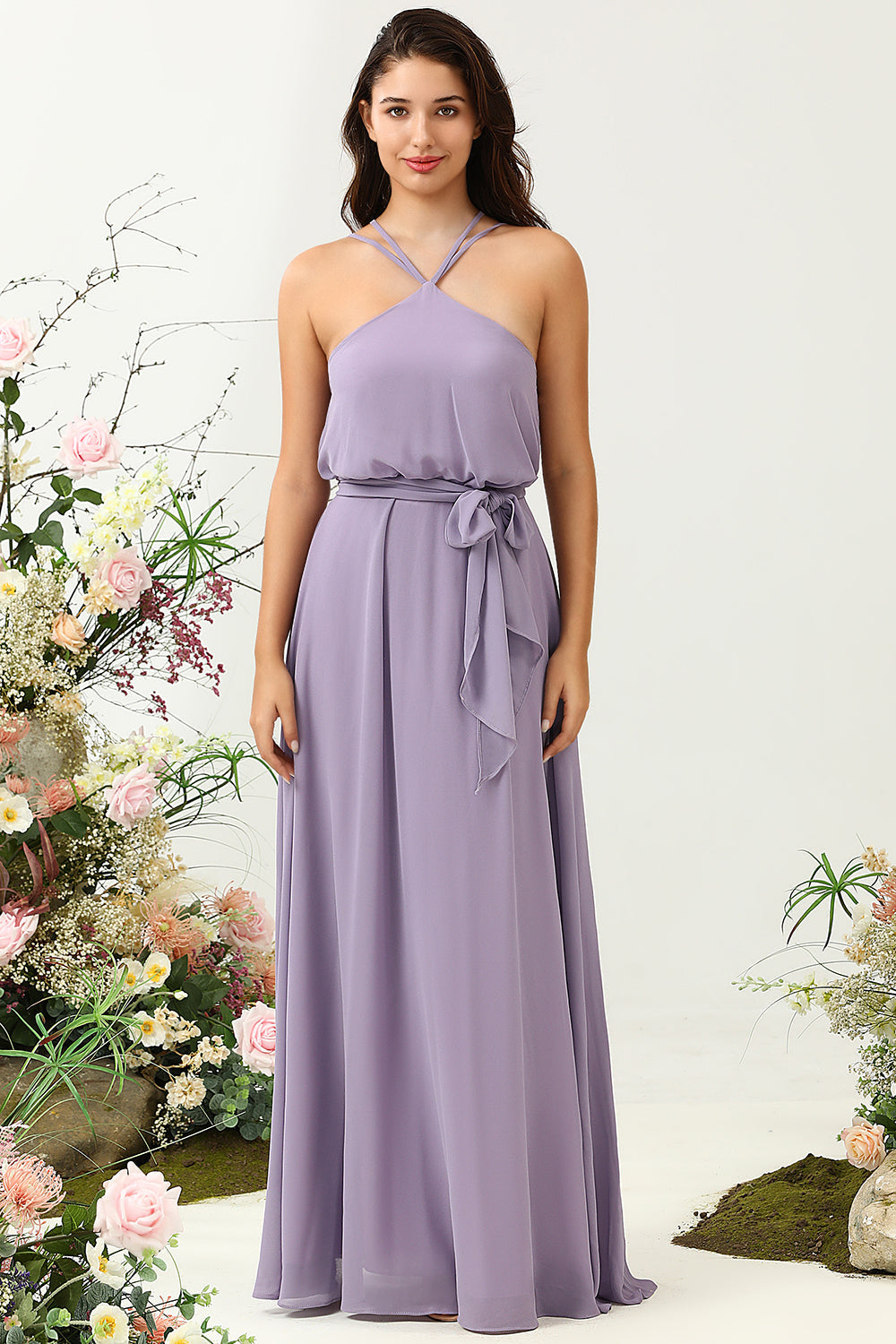 A Line Halter Purple Long Bridesmaid Dress with Bowknot