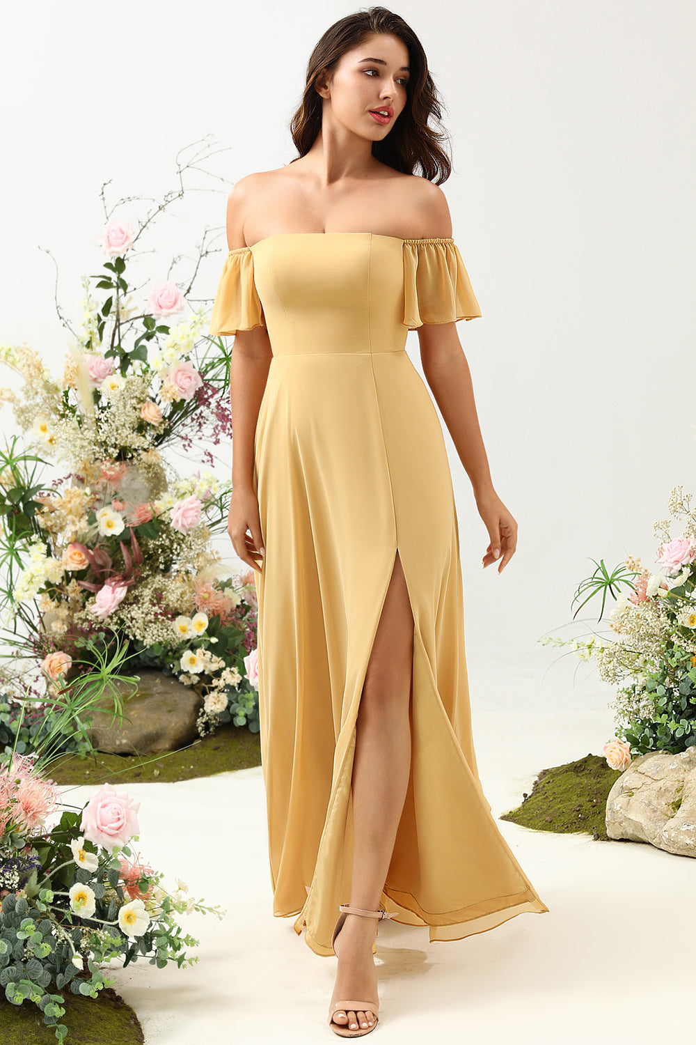 A Line Off the Shoulder Yellow Long Bridesmaid Dress