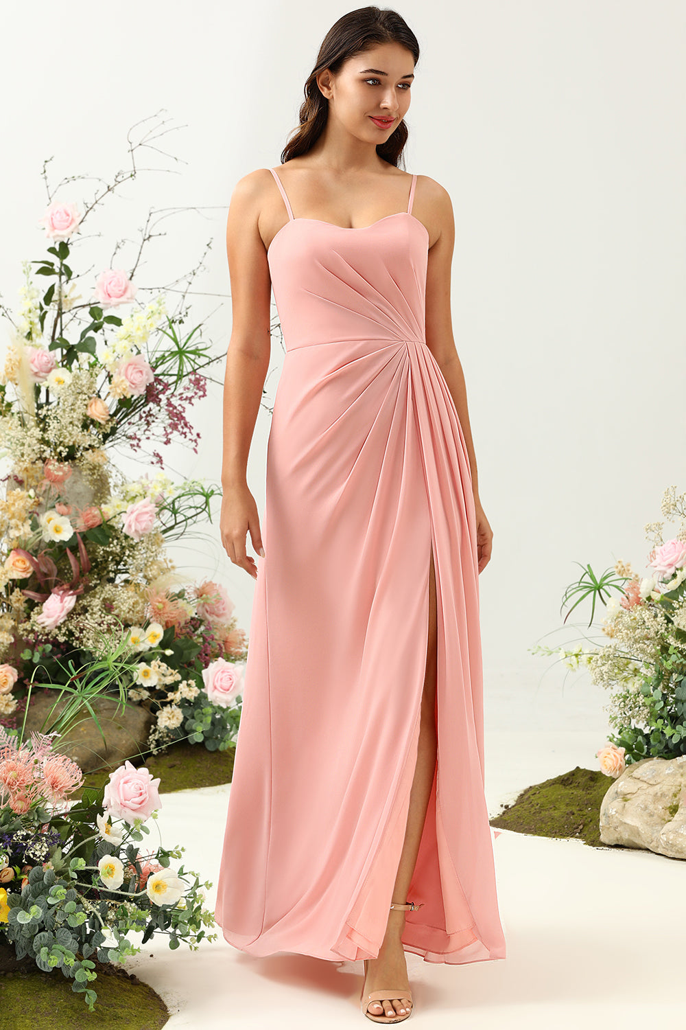 A Line Spaghetti Straps Blush Long Bridesmaid Dress with Split Front