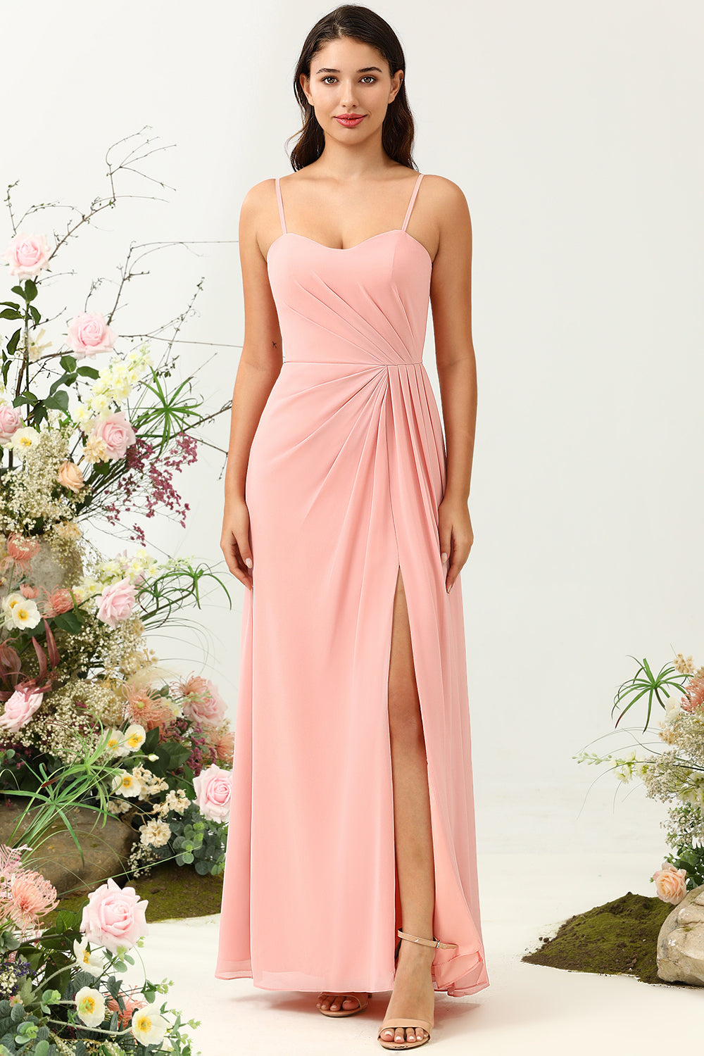 A Line Spaghetti Straps Blush Long Bridesmaid Dress with Split Front