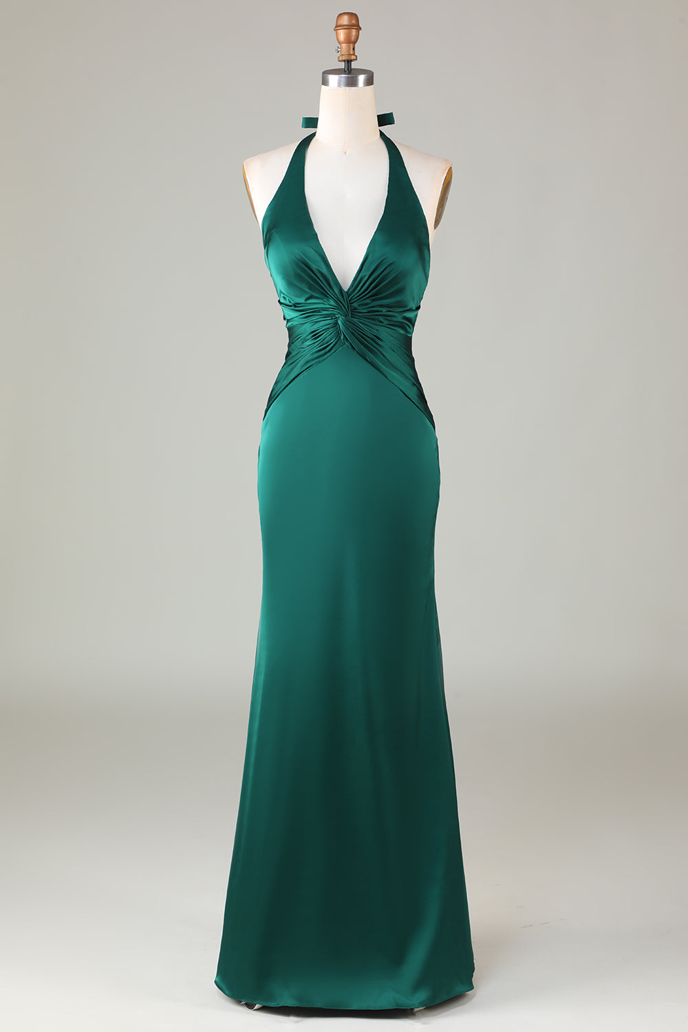 Mermaid Halter Dark Green Long Satin Bridesmaid Dress