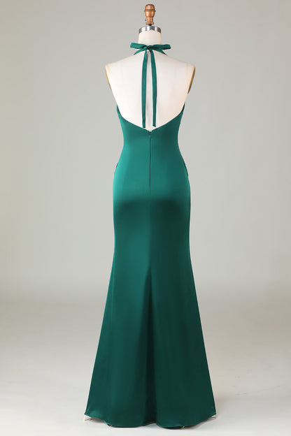 Dusty Sage Satin Sheath Halter Long Bridesmaid Dress