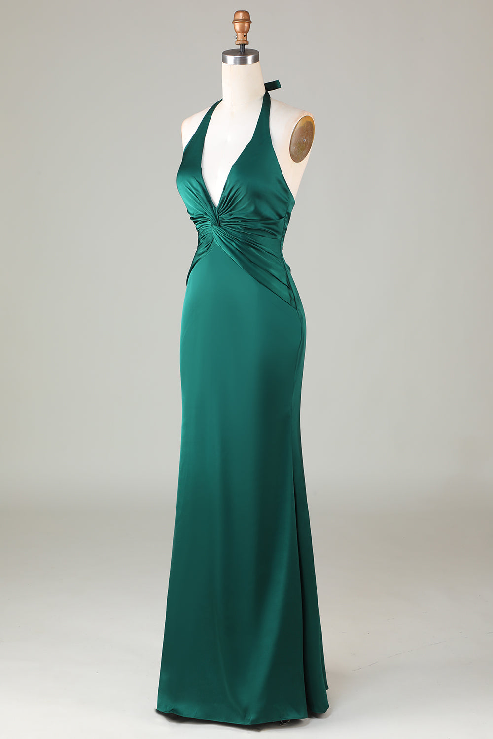 Mermaid Halter Dark Green Long Satin Bridesmaid Dress