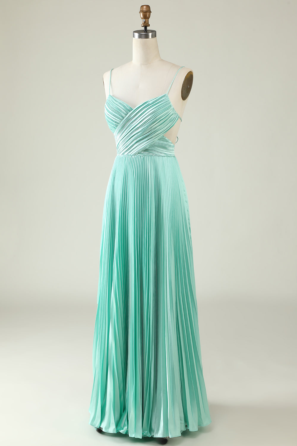 Light Green Spaghetti Straps Pleated Long Bridesmaid Dress