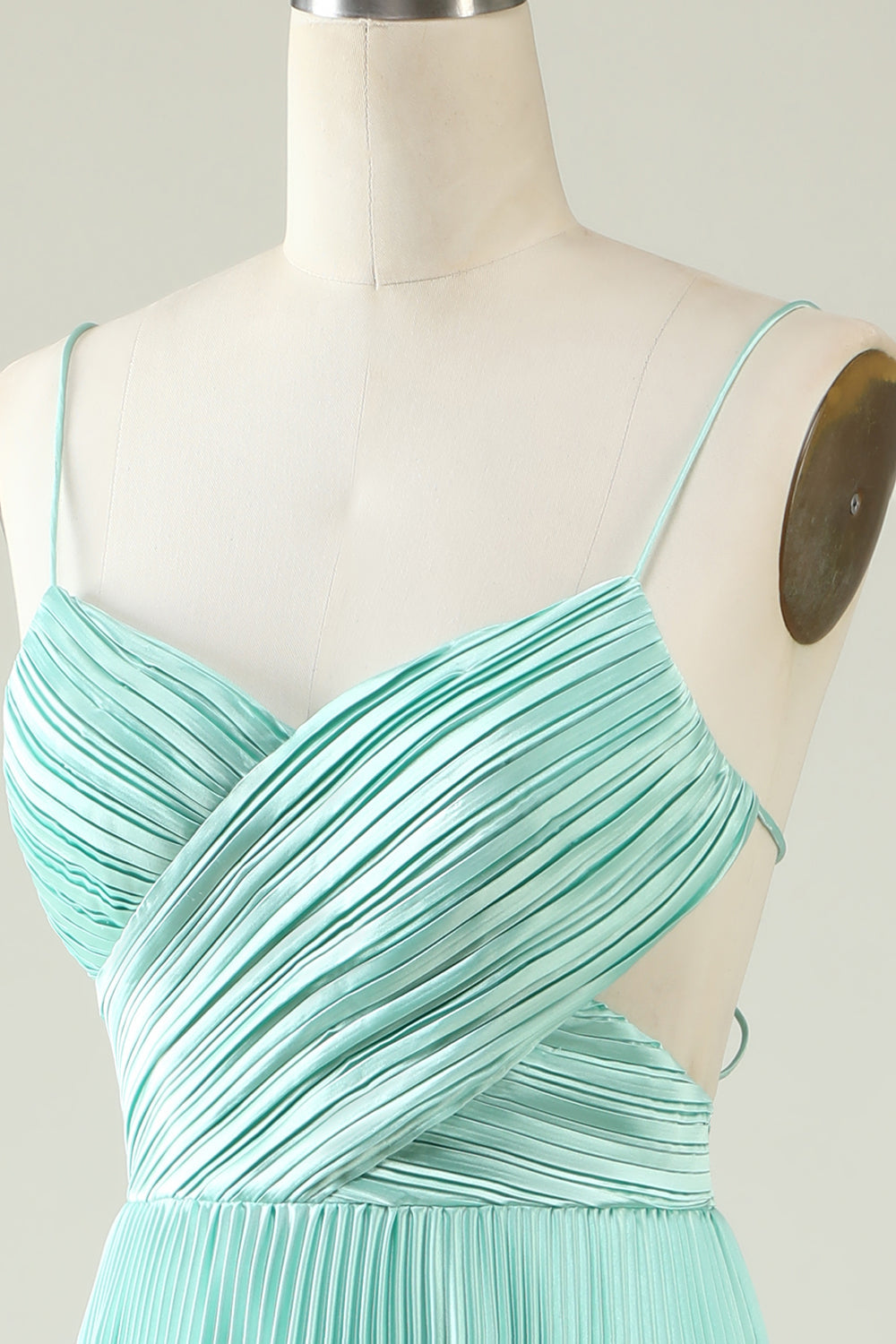 Light Green Spaghetti Straps Pleated Long Bridesmaid Dress